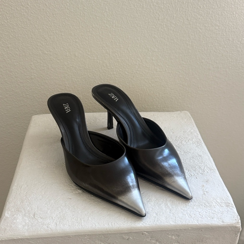 Zara Distressed Effect Black Silver Ombre Metallic Women's Mules Heels Size 6